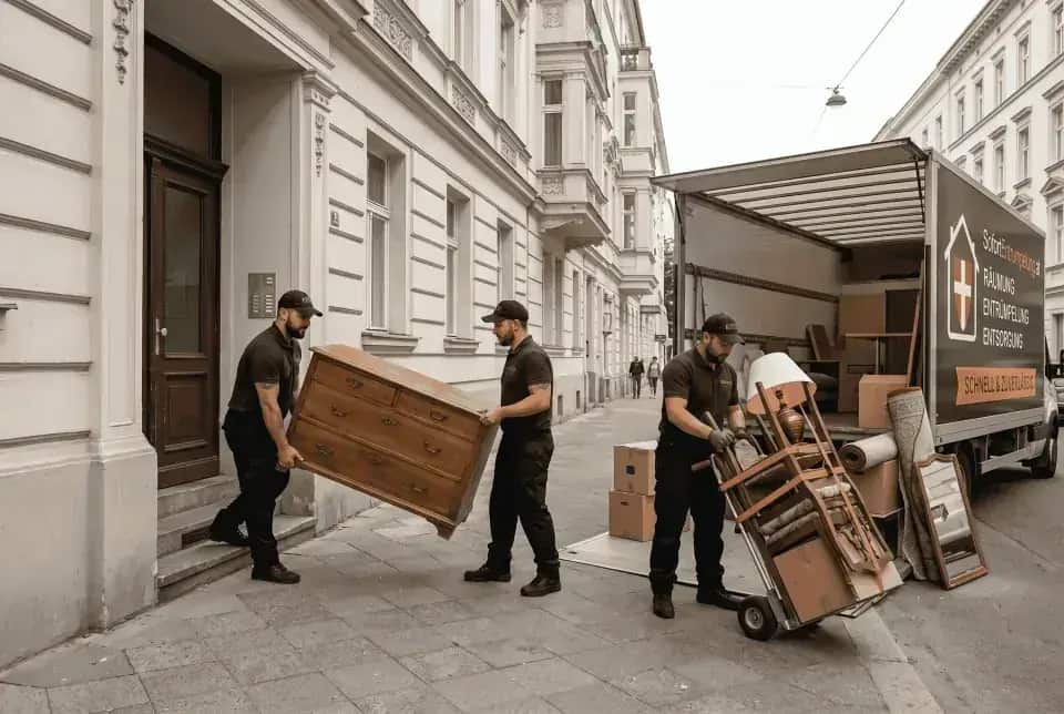 Team bei der Wohnungsentrümpelung — Möbel und Kartons zum Transport